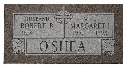 Gravestone for Robert B. and Margaret I. O'Shea, including dates of birth and death, with a cross emblem.