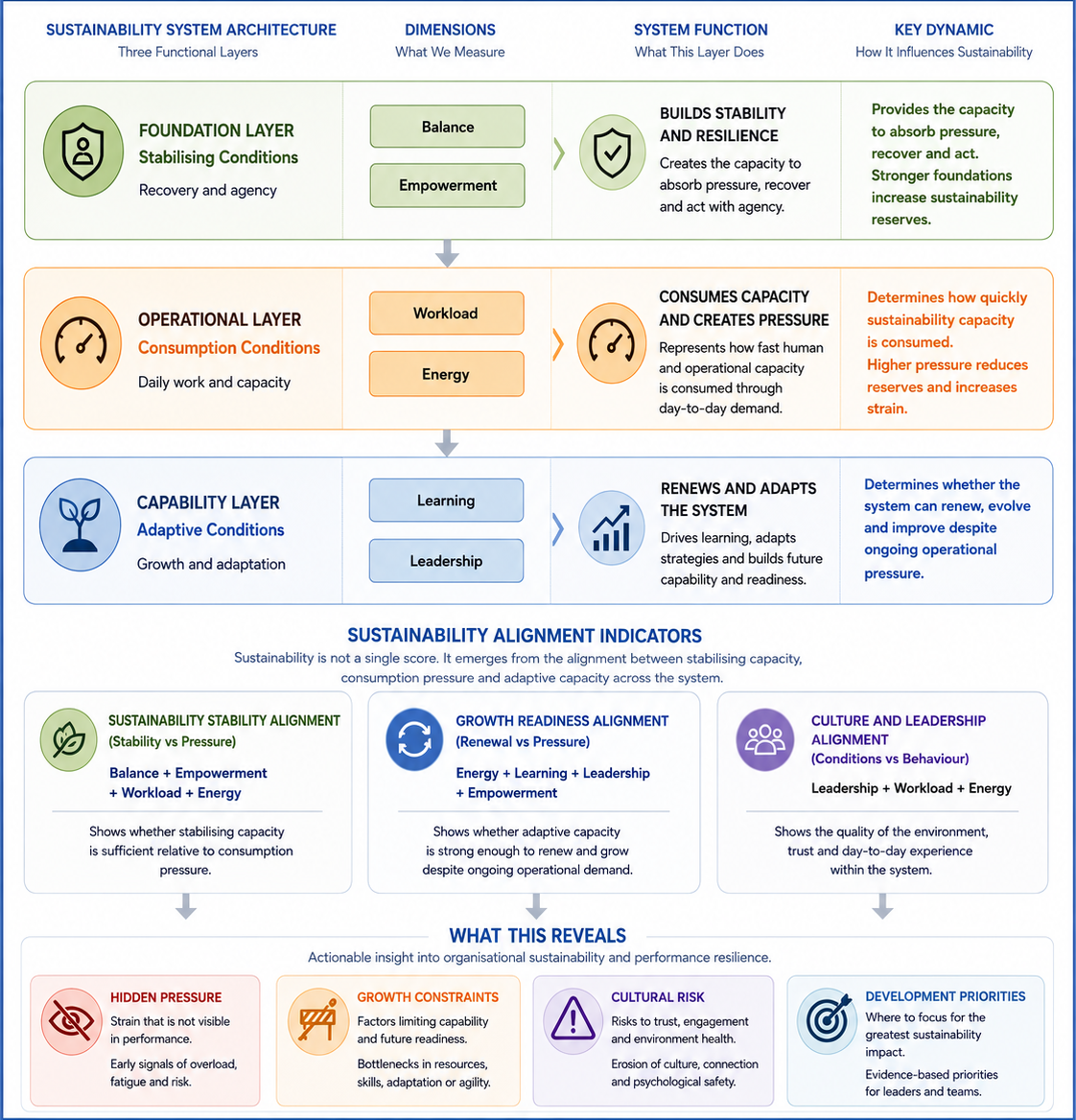 BE-WELL framework by Gilles Varette showing how organisational alignment reveals hidden strain and sustainability risks.
