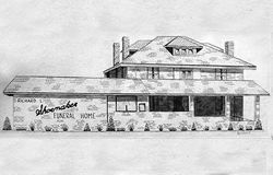 A black and white drawing of a funeral home.