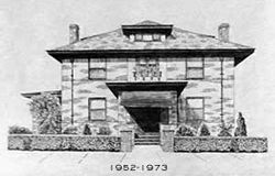 A black and white drawing of a large brick house.