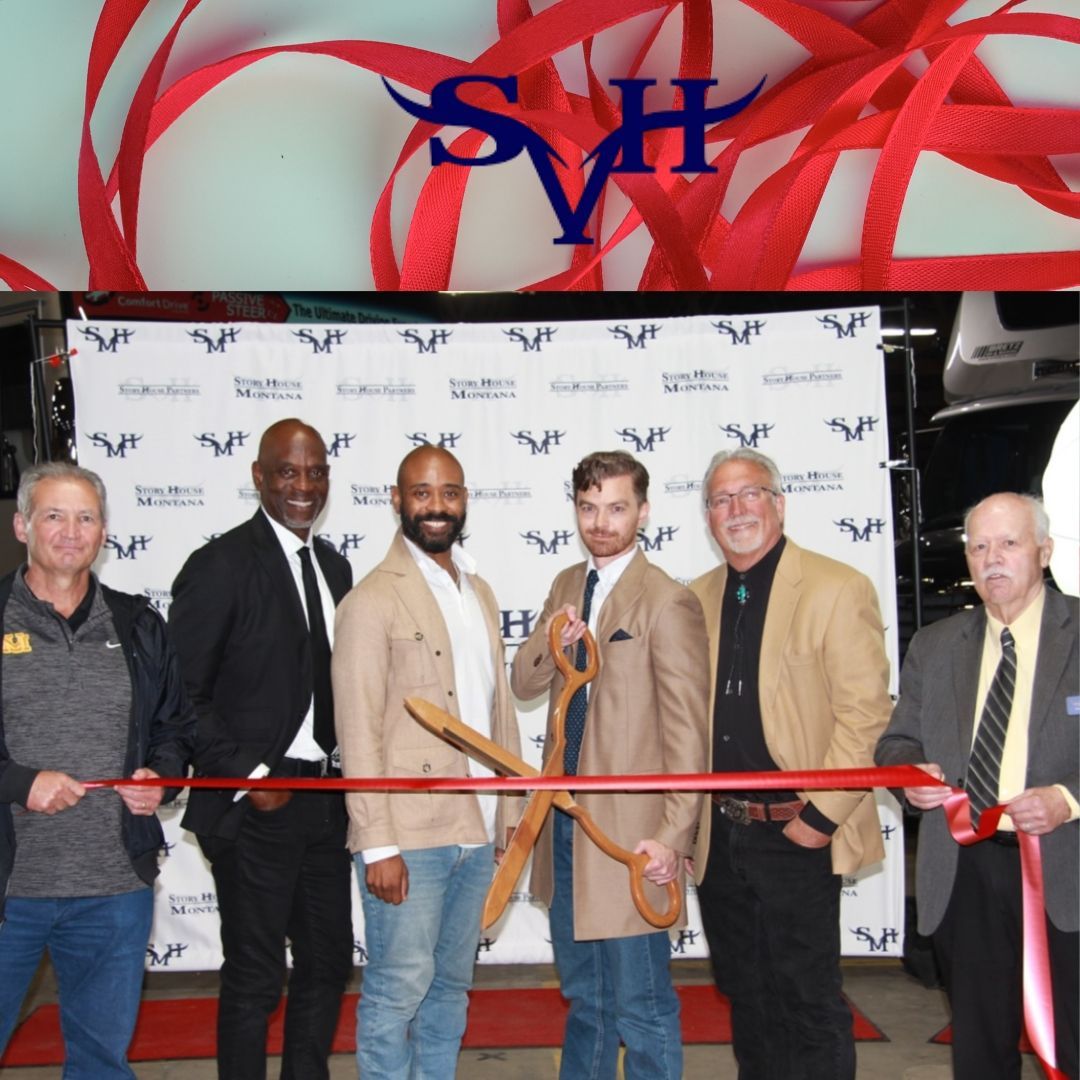 A group of men cutting a red ribbon with the letter sh in the background