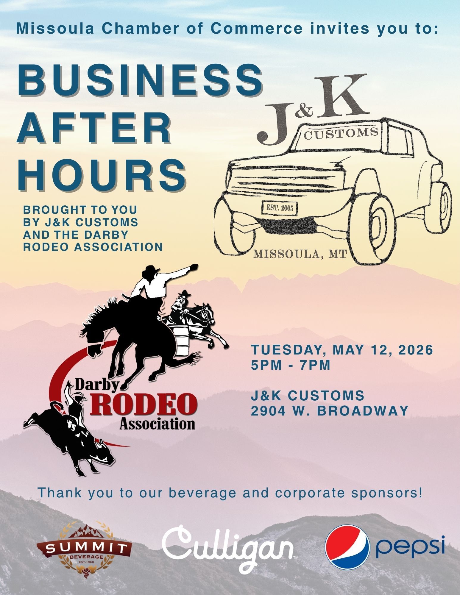 A business after hours flyer hosted at the J&K Customs in Missoula.