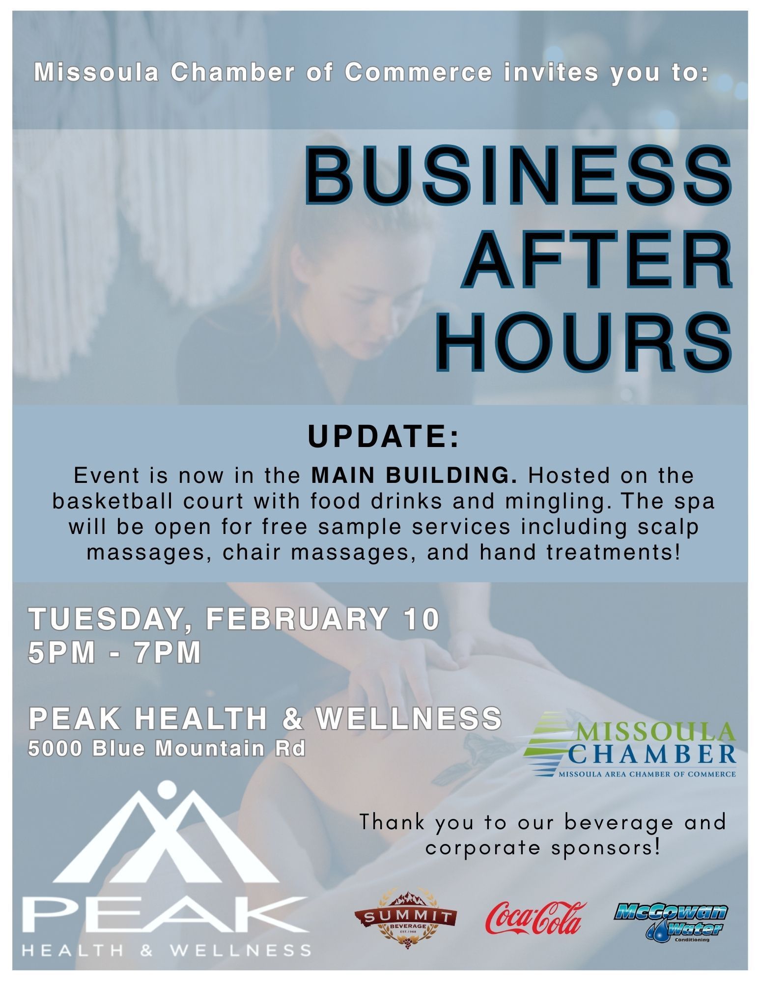 A business after hours flyer hosted at the Peak in Missoula