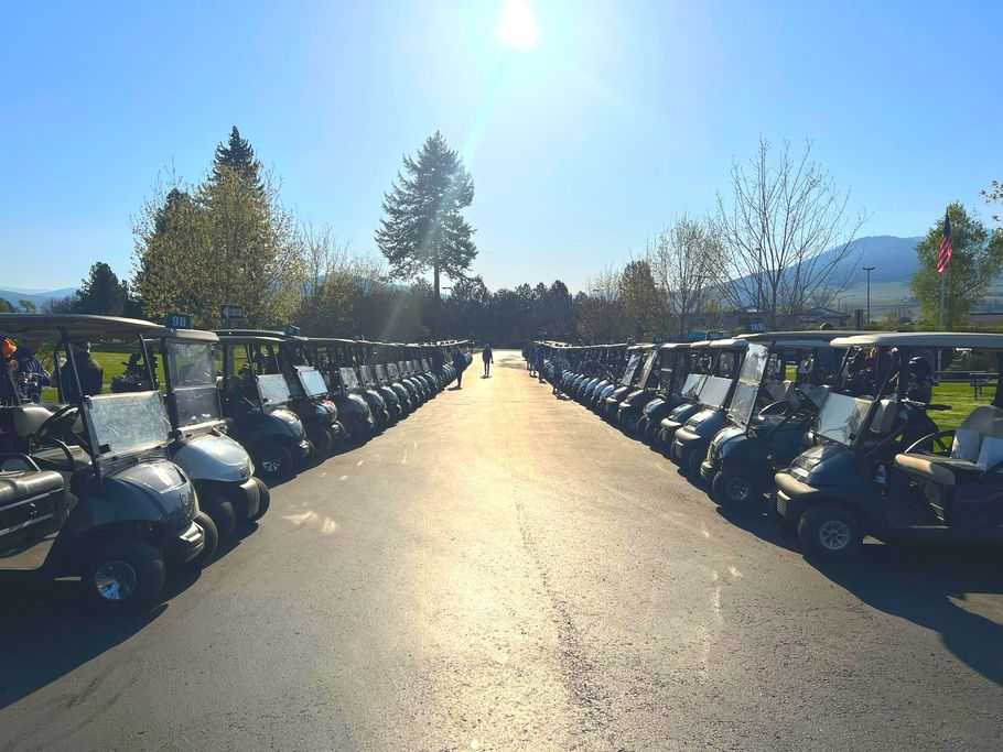 A row of golf carts are parked on the side of the road