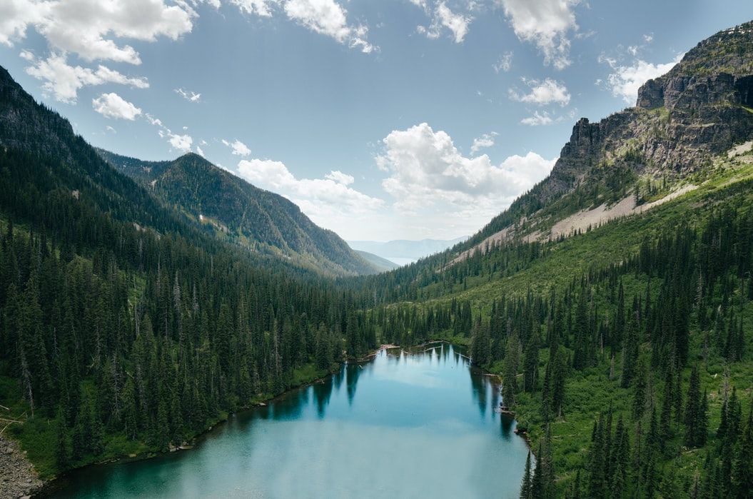 An aerial view of a lake surrounded by mountains and trees.