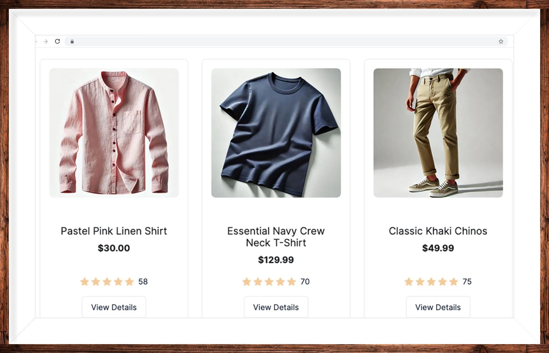 A screenshot of a website displaying three different shirts and pants.