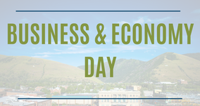 A poster for business and economy day with a city in the background