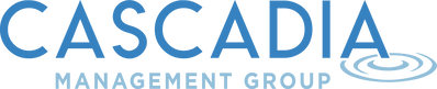 A blue and white logo for cascadia management group
