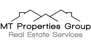 A black and white logo for mt properties group real estate services.