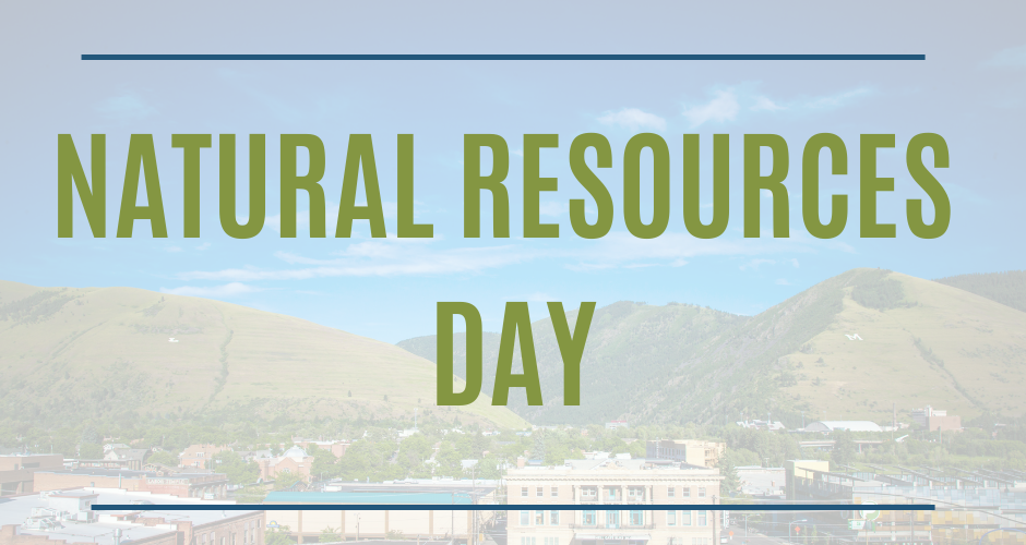 A poster for natural resources day with a picture of a city and mountains in the background.