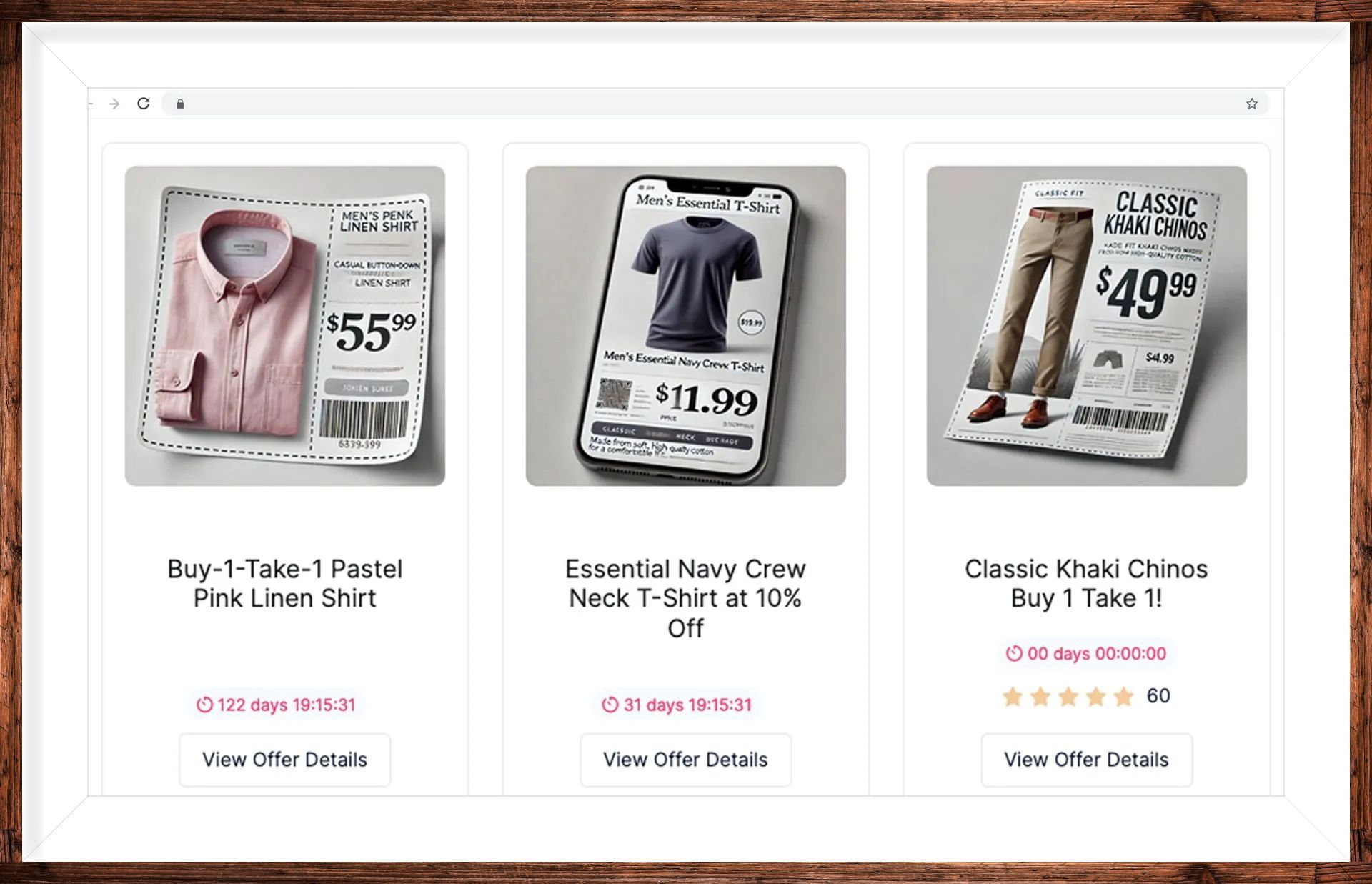 A screenshot of a website with three images of clothes and a cell phone.