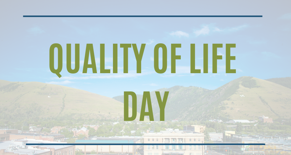 A poster for quality of life day with a city in the background