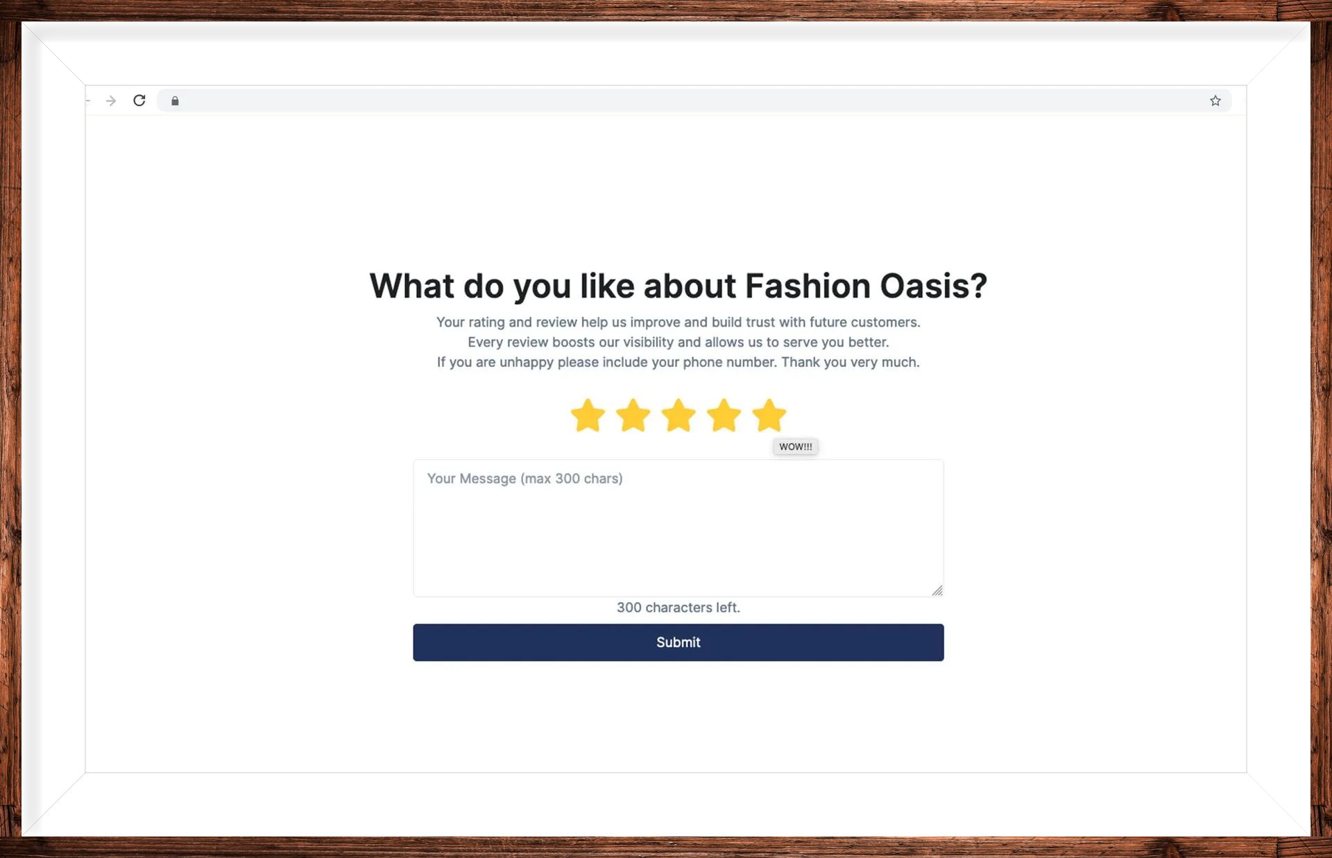 A computer screen asking what do you like about fashion oasis.