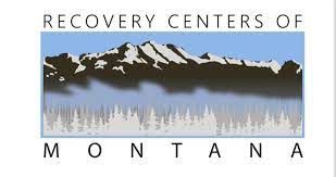A logo for the recovery centers of montana with a mountain in the background.