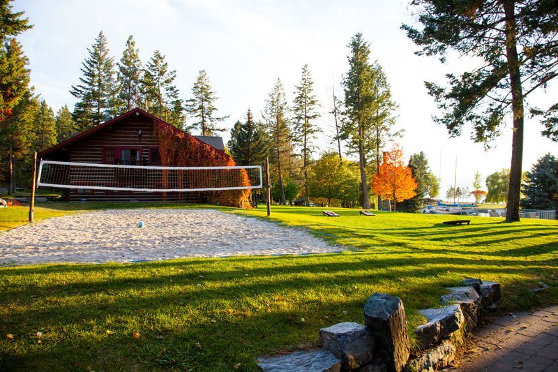 A volleyball net is in the middle of a grassy field in front of a log cabin.