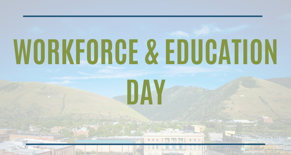 A poster for workforce and education day with mountains in the background