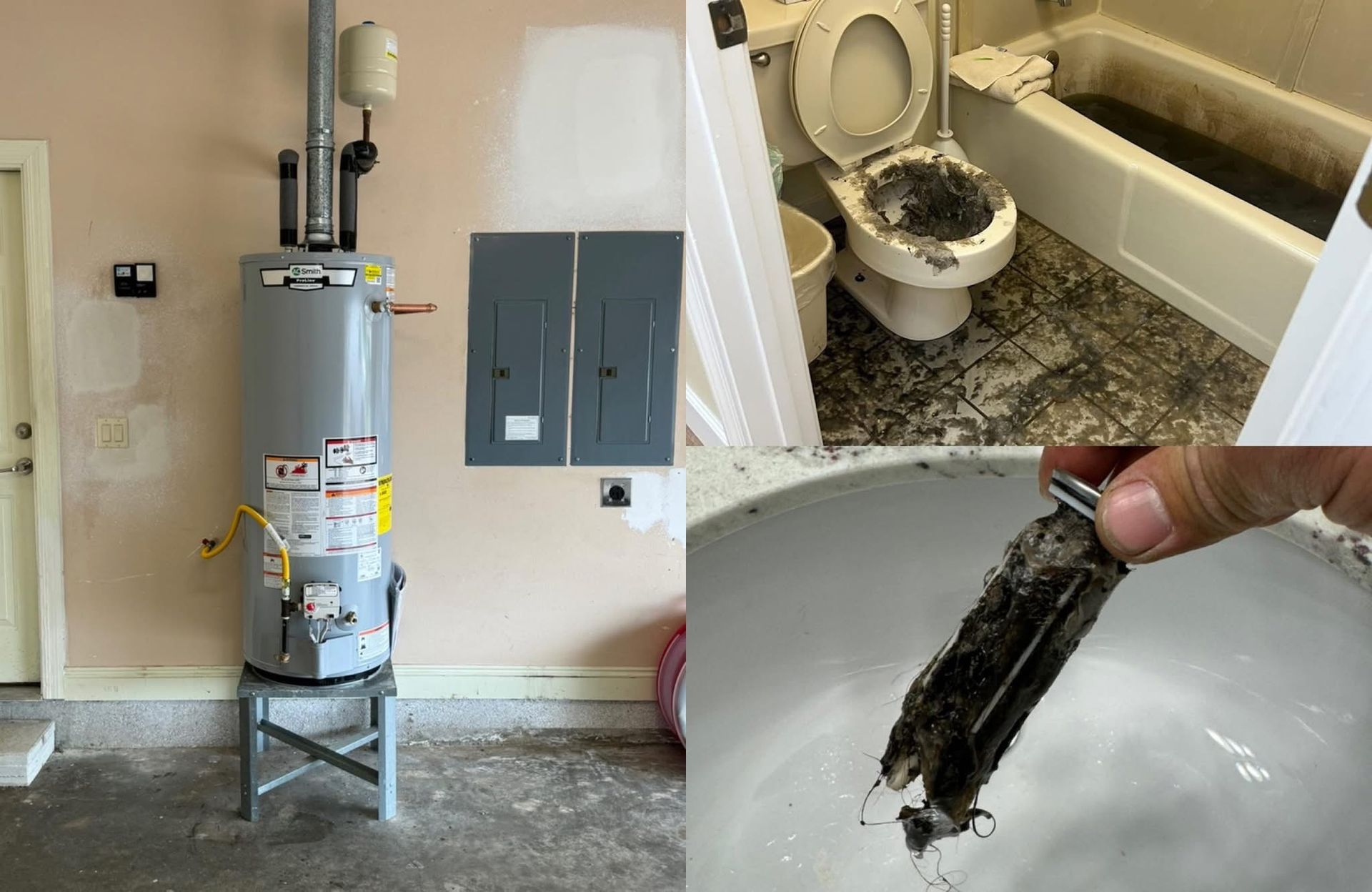 Water heater and electrical panel in garage, damaged bathroom with soot, and debris from a drain.