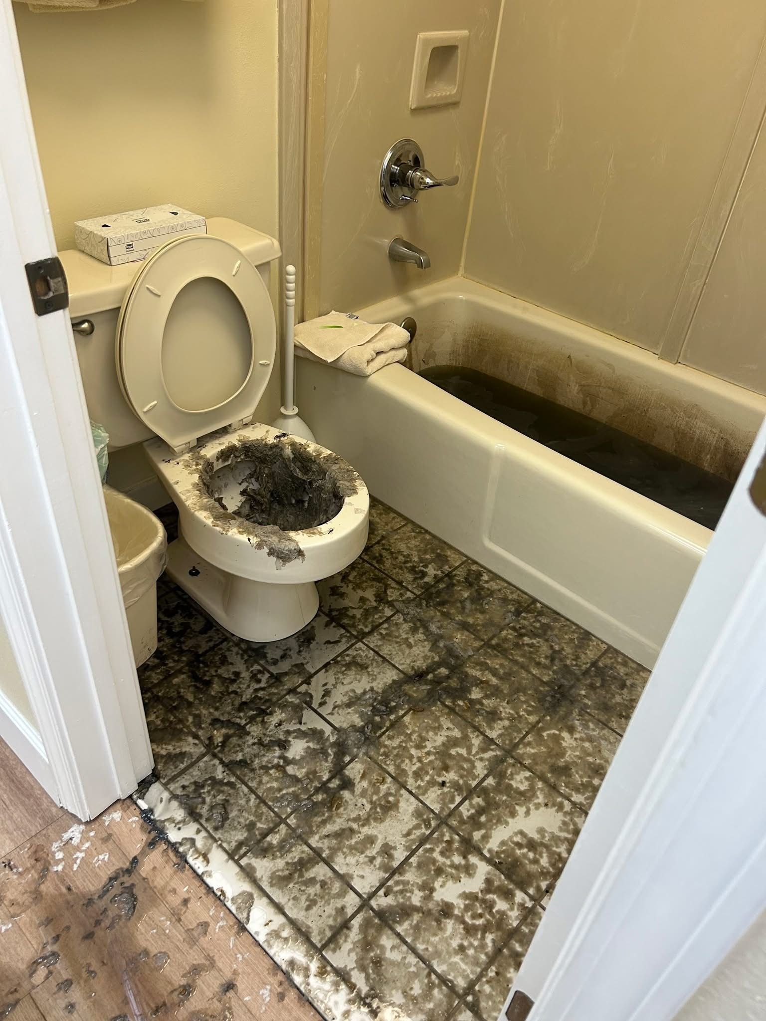 Bathroom with fire damage: charred toilet, flooded tub, and damaged floor.