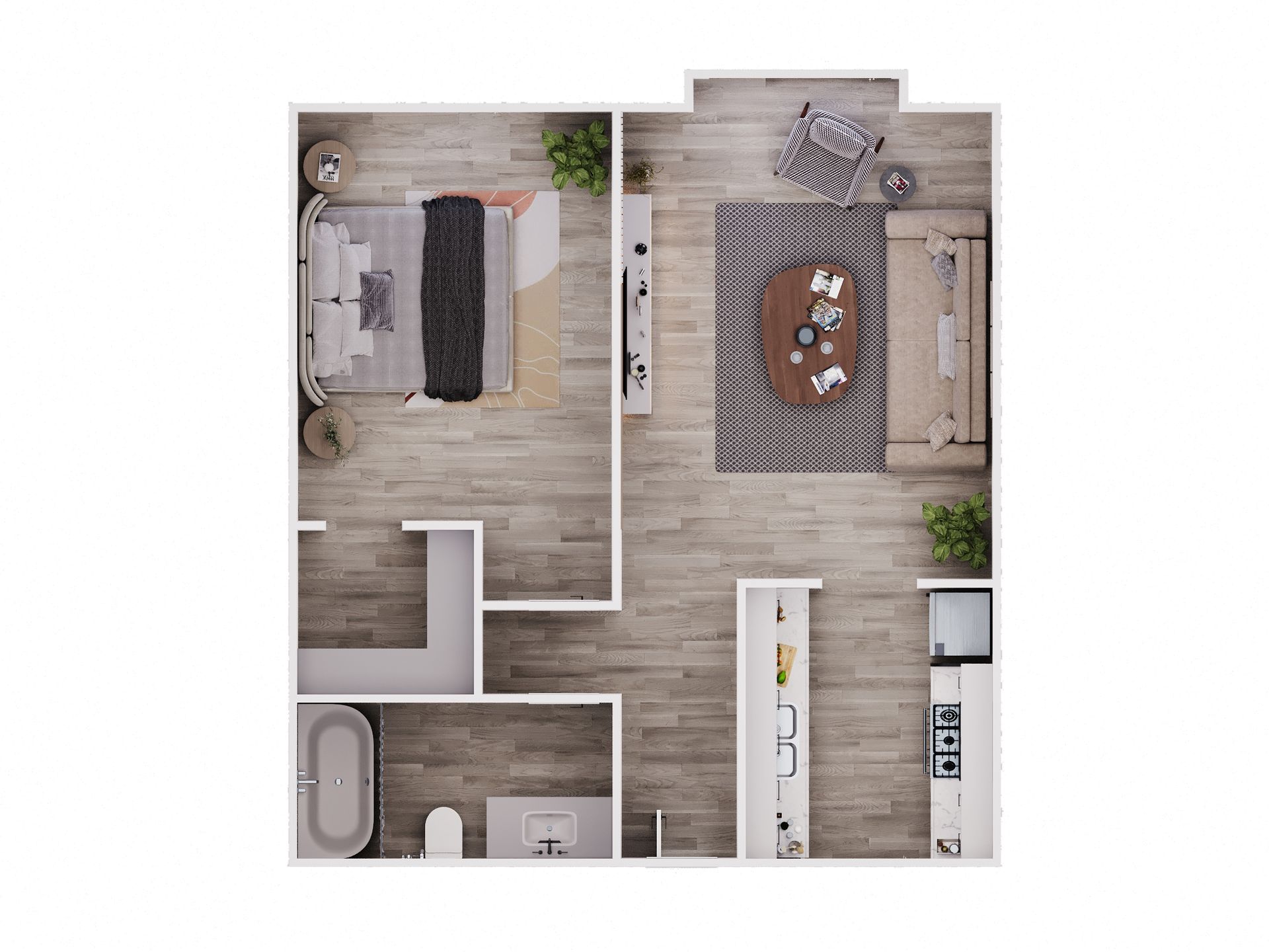 Floor plan of a small apartment with bedroom, living area, kitchen, and bathroom.
