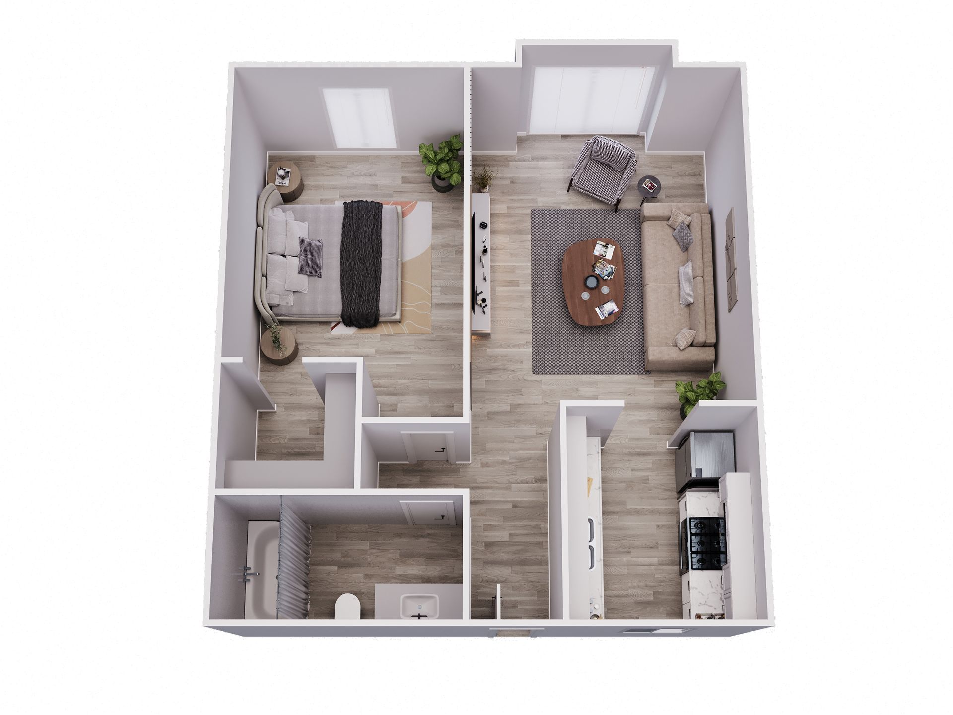 Floor plan of an apartment, featuring bedroom, living area with balcony, bathroom, and kitchen corner.