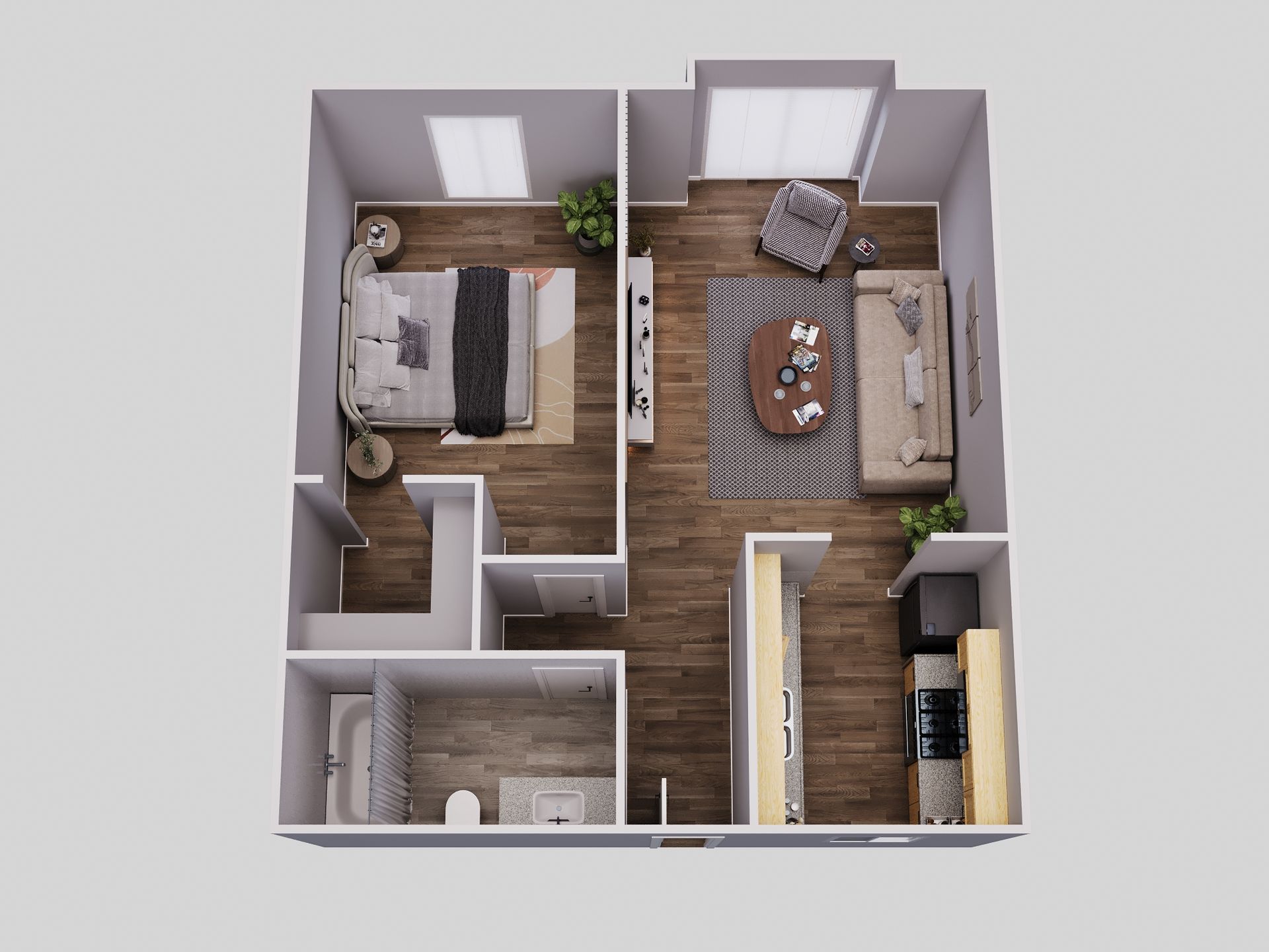 Floor plan: One-bedroom apartment with living area, bedroom, kitchen, and bathroom. Brown and gray color scheme.