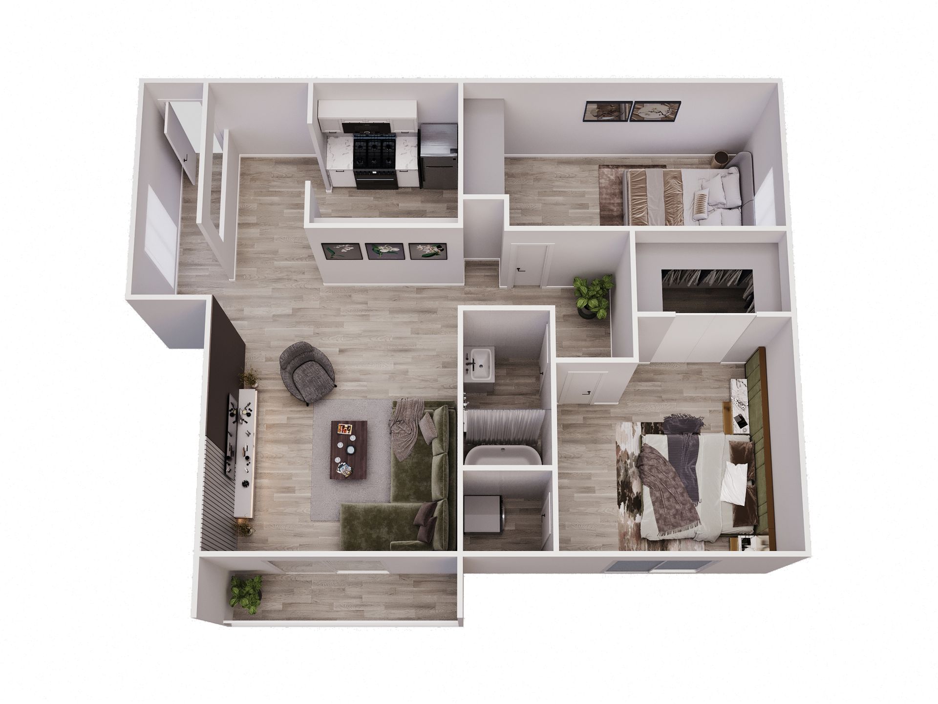 Floor plan of a modern apartment with two bedrooms, kitchen, living room, and bathroom.
