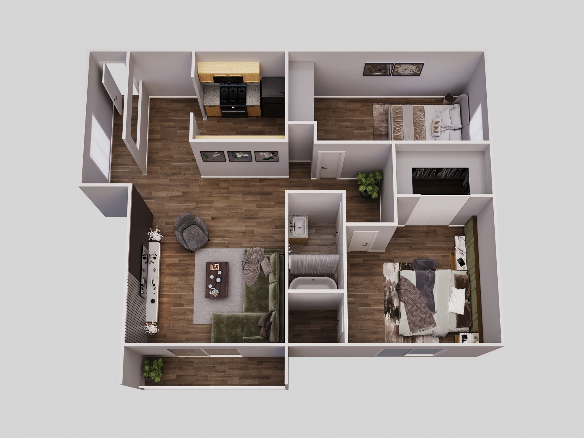 Floor plan of an apartment with a kitchen, living room, two bedrooms, and a bathroom.