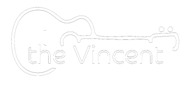Logo for "The Vincent" with a guitar silhouette, in white.