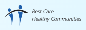 A blue logo for best care healthy communities