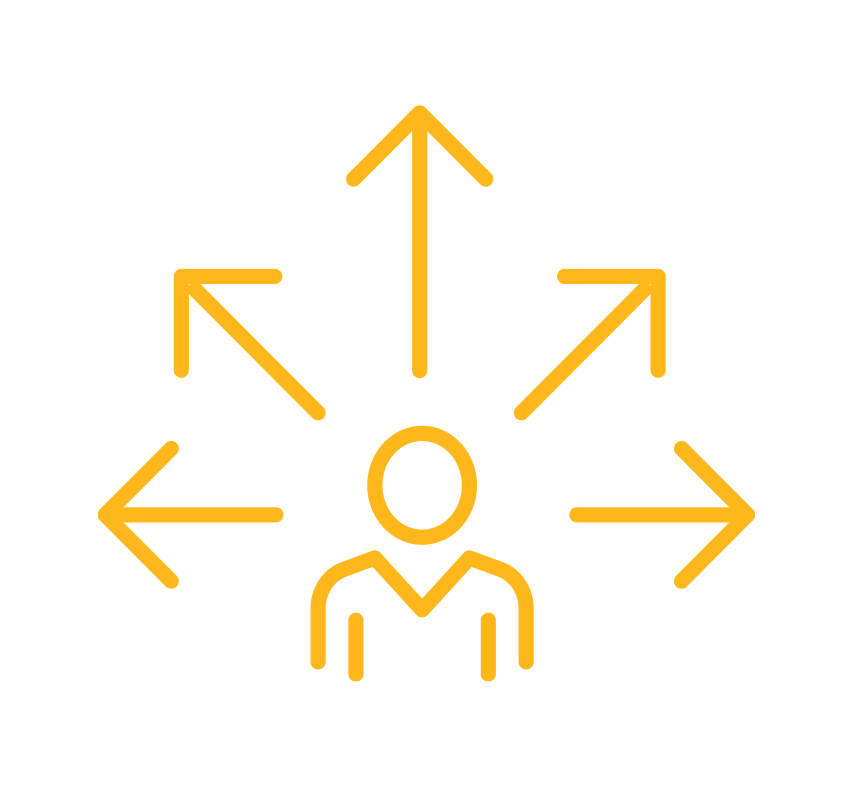 A person is surrounded by arrows pointing in different directions.