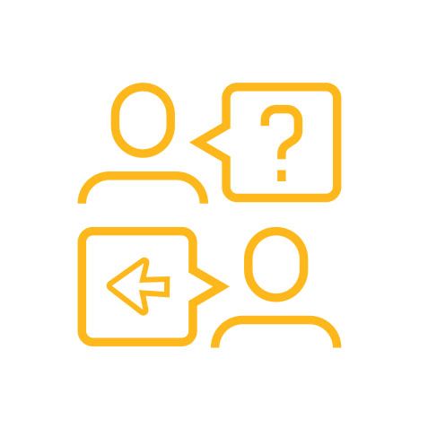 Two people are talking to each other with speech bubbles and a question mark.