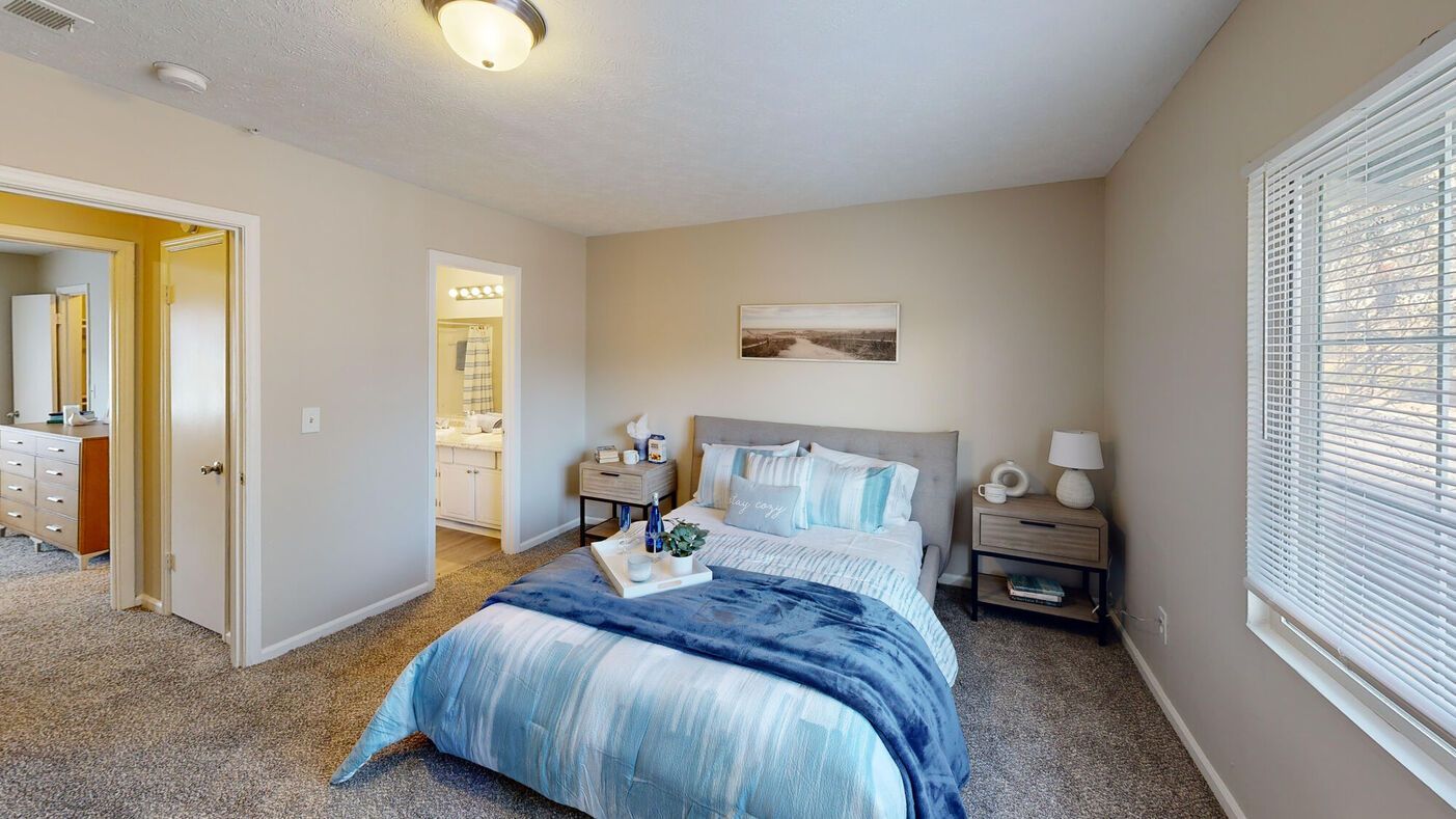 Bedroom with bed, nightstand, window, and bathroom door. Neutral walls, blue and white bedding, neutral carpet.