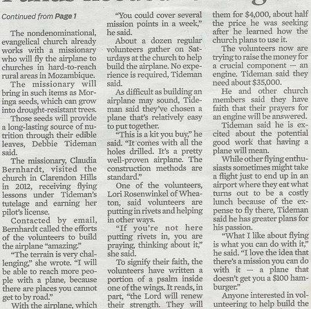 A newspaper article is titled continued from page 7