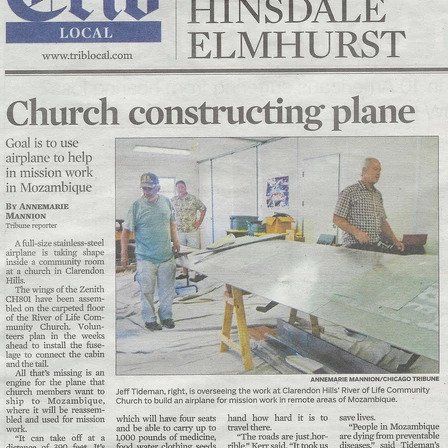 A newspaper article about a church constructing a plane