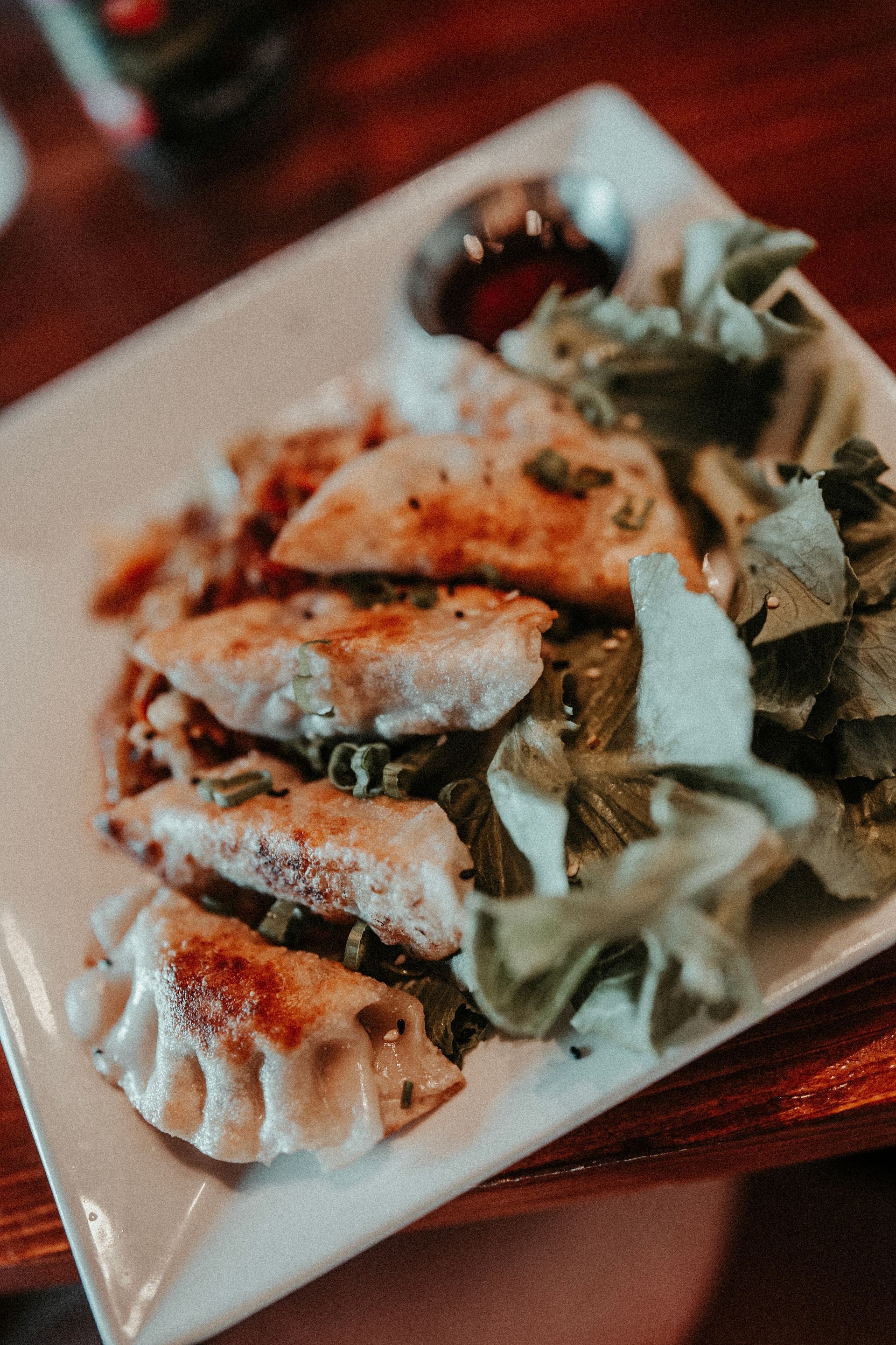 Pan-fried dumplings with greens and sauce on a white plate.