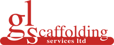 A red and white logo for scaffolding services ltd