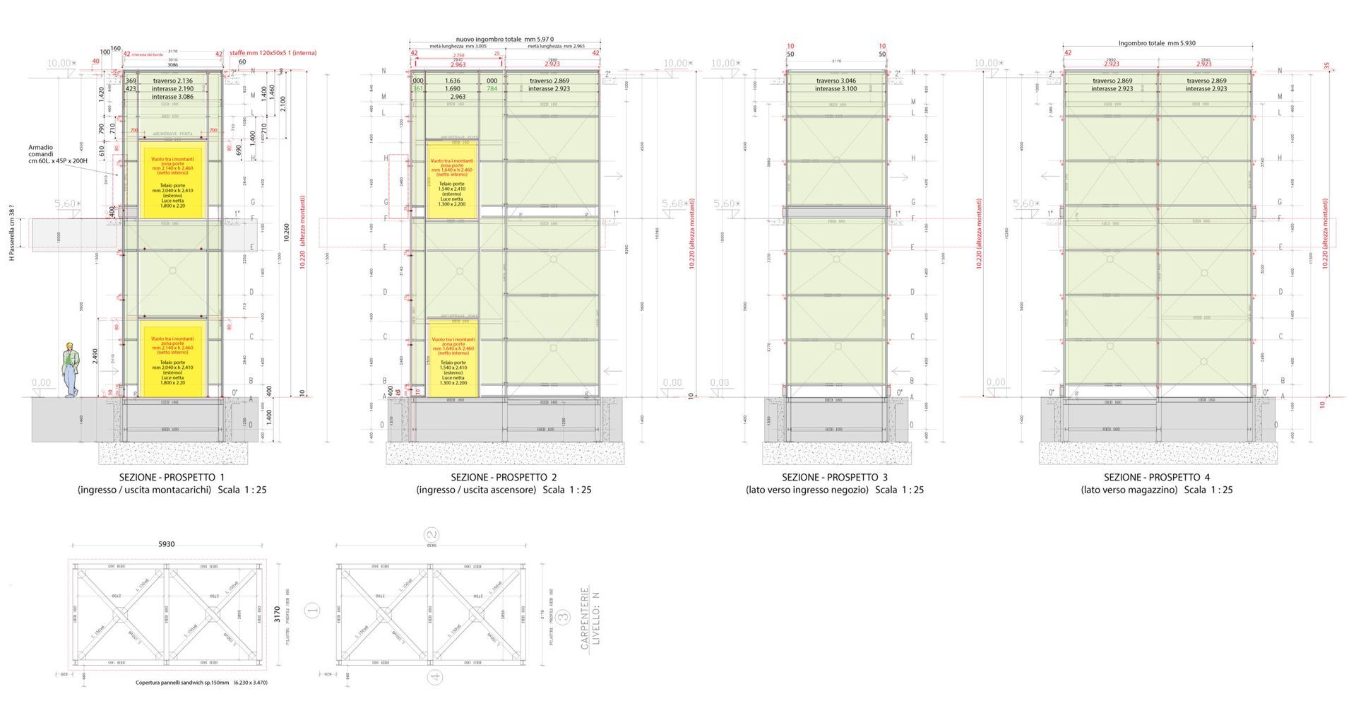 Disegni architettonici della facciata di un edificio con viste in alzato e in sezione trasversale. Le sezioni gialle evidenziano aree specifiche.