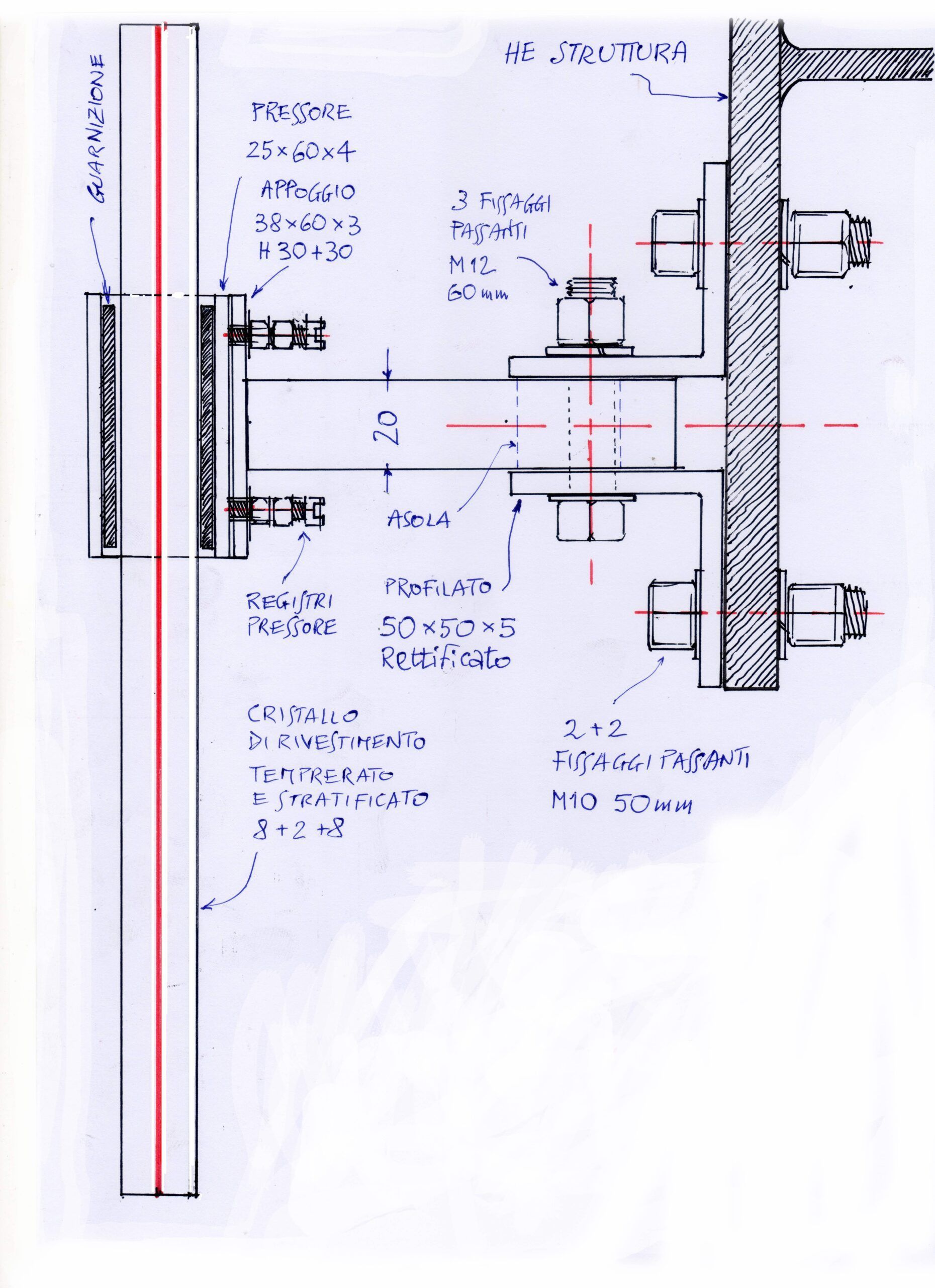 Schema di una staffa metallica imbullonata a una parete e di un supporto verticale, con dimensioni e note costruzione ascensore panoramico Mz Sistemi a Latina