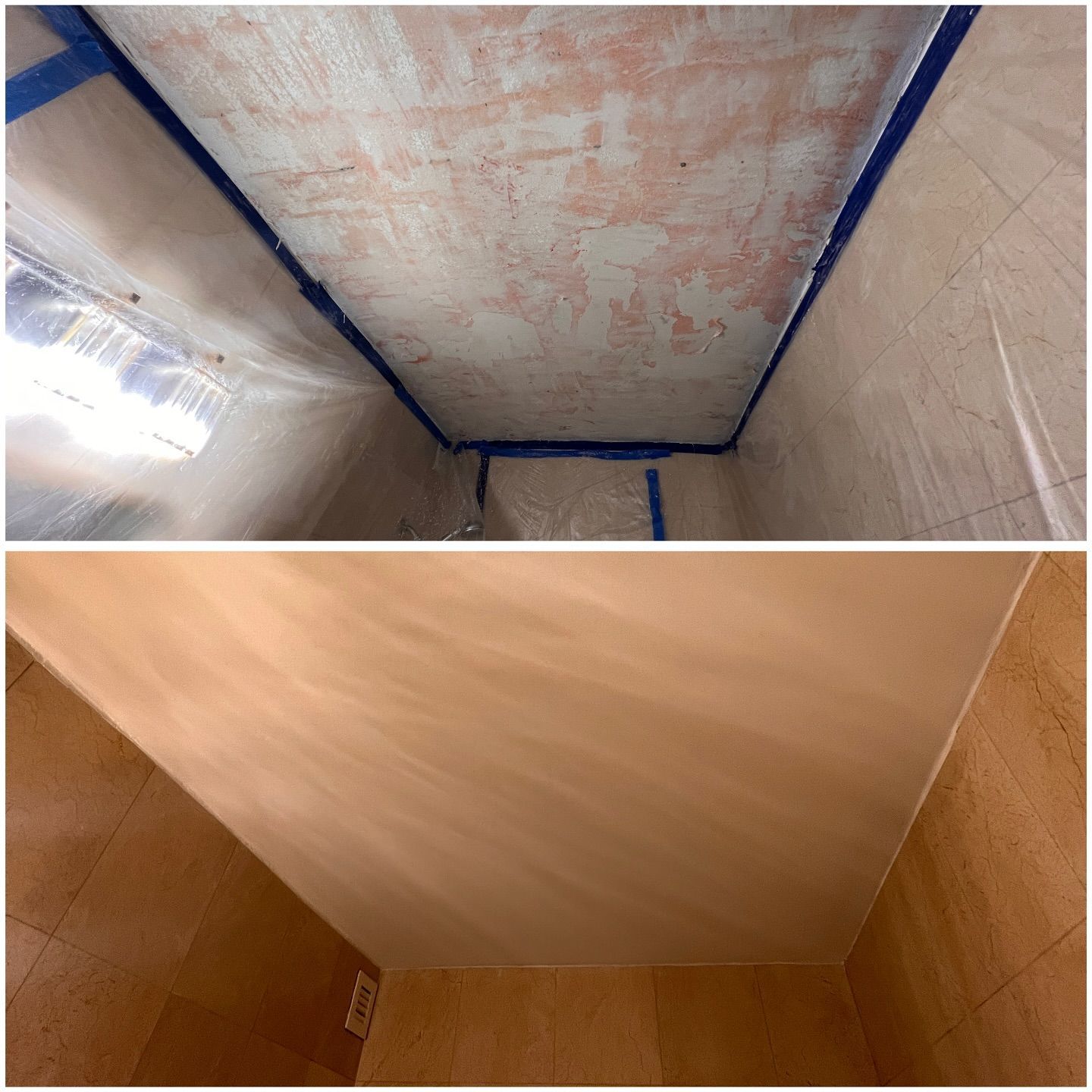 A before and after picture of a bathroom ceiling being painted.