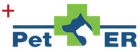 Logo for Pet ER, featuring a red plus sign, green cross with dog and cat silhouettes, and blue text.