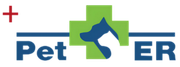 Logo for Pet ER, featuring a red plus sign, green cross with dog and cat silhouettes, and blue text.