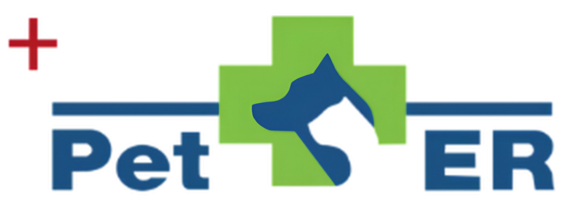 Logo for Pet ER, featuring a red plus sign, green cross with dog and cat silhouettes, and blue text.