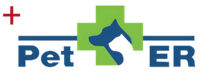 Logo for Pet ER, featuring a red plus sign, green cross with dog and cat silhouettes, and blue text.