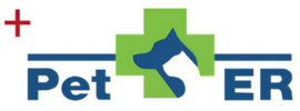 Logo for Pet ER, featuring a red plus sign, green cross with dog and cat silhouettes, and blue text.