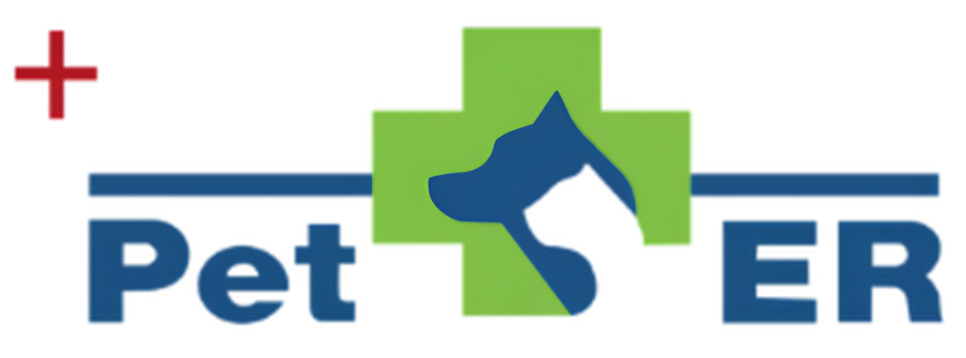 Logo for Pet ER, featuring a red plus sign, green cross with dog and cat silhouettes, and blue text.