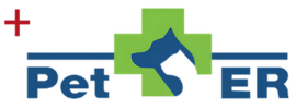 Logo for Pet ER, featuring a red plus sign, green cross with dog and cat silhouettes, and blue text.