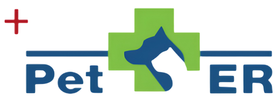 Logo for Pet ER, featuring a red plus sign, green cross with dog and cat silhouettes, and blue text.