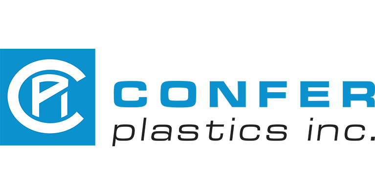 A blue and white logo for confer plastics inc.