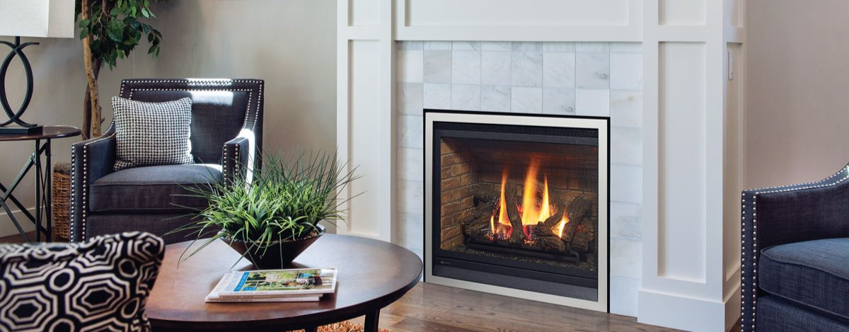 Modern gas fireplace in a bright living room with seating