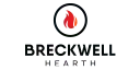 Logo for Breckwell Hearth: a flame within a black circle, with
